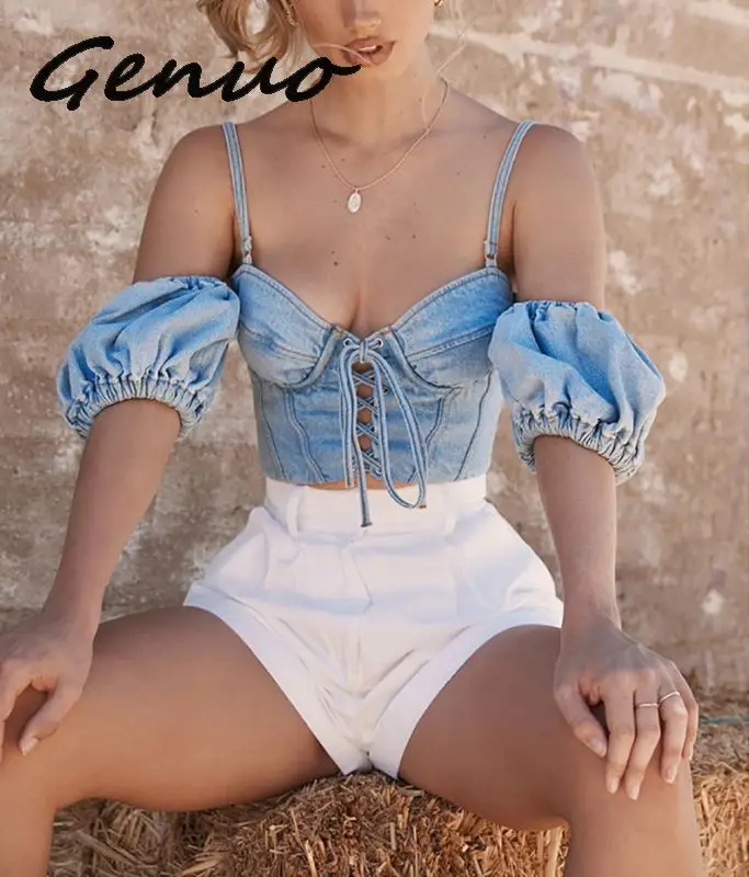 Женская Джинсовая блузка на завязках элегантная голубая с рукавами фонариками