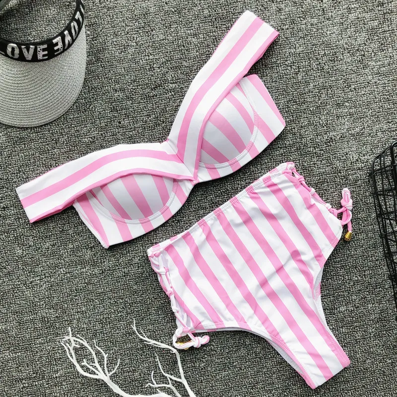Женский бикини с высокой талией купальный костюм в полоску чашками пуш-ап халтер