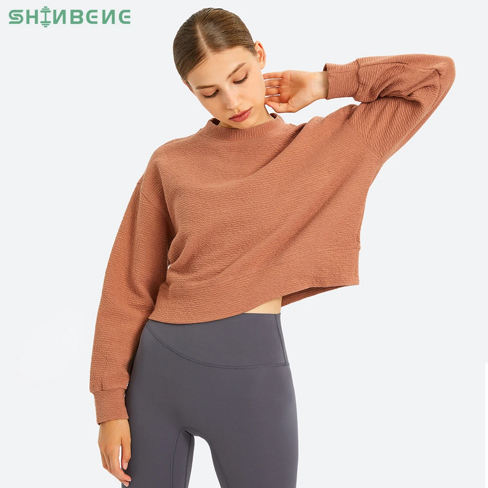 

SHINBENE TEXTURED Cozy Exercise Cropped Pullover Long Sleeve Top Women Skin Friendly Leisure Gym Fitness Sport Sweatshirts XS-XL