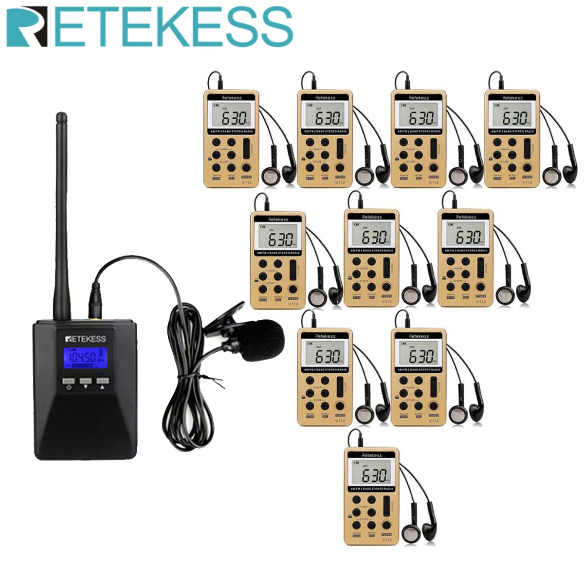 Fm трансмиттер Retekess TR506 + 10 шт. V112 fm радио приемник система гида руководства для