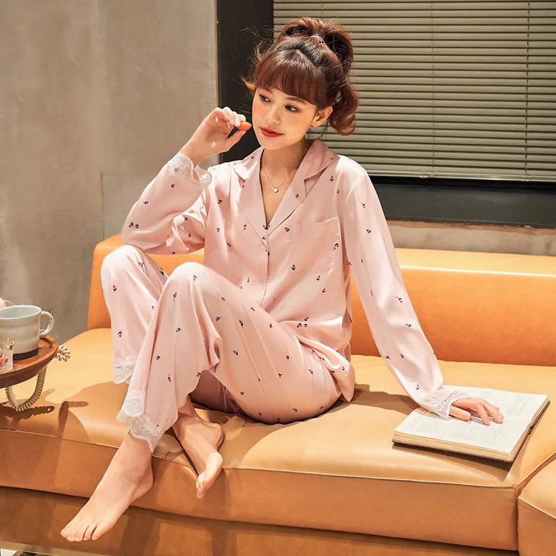 

Women's Silk Pajamas Suit Ladies Underwear Female Sexy Pyjamas Sets Long-Sleeved Trousers Lace Pijama Cardigans Casual Sleepwear