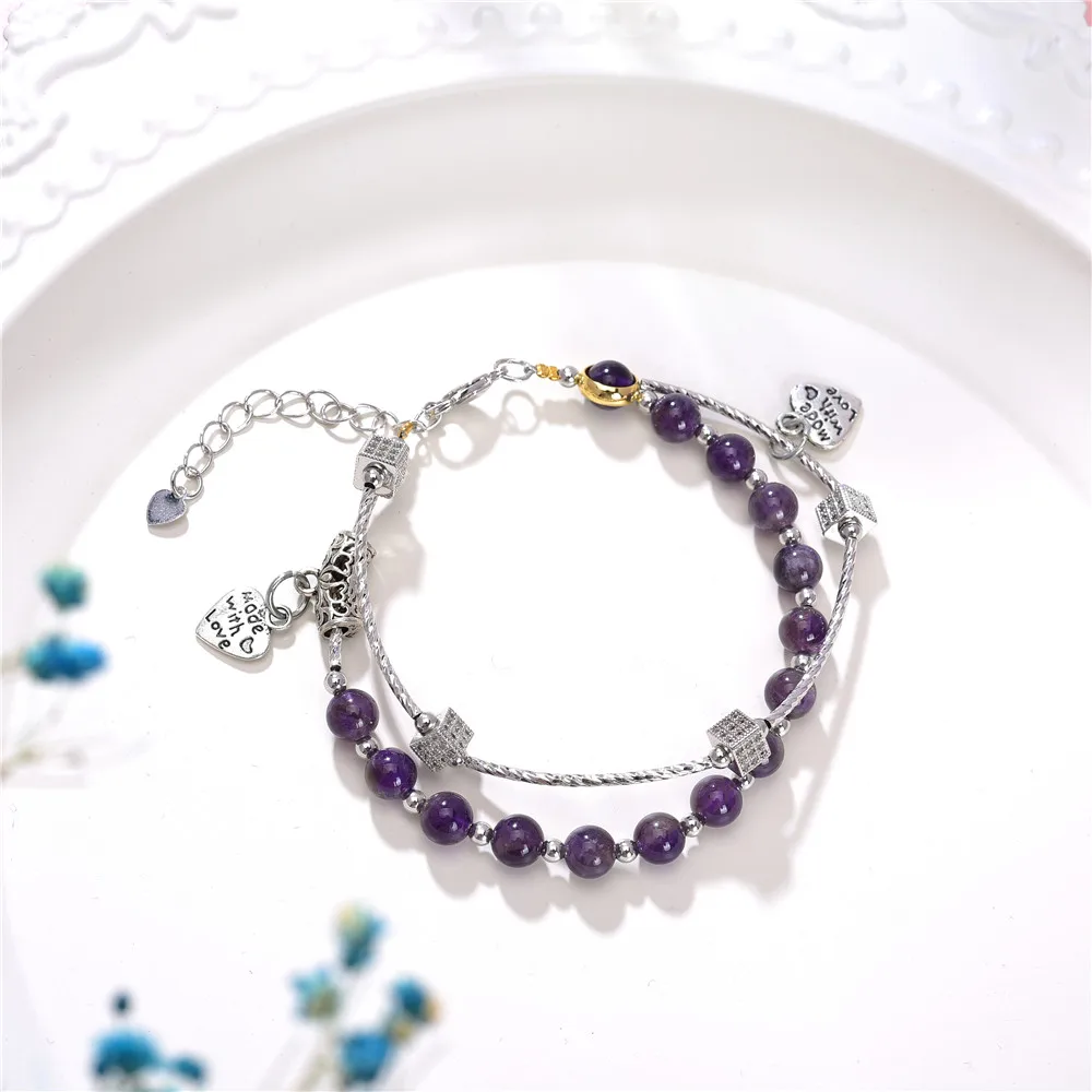 Двухуровневый богемный браслет из бисера с натуральным аметистом и фиолетовым
