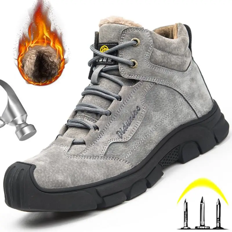 

Мужские зимние ботинки, защитная обувь, рабочие ботинки со стальным носком, мужская обувь из свиной кожи, Рабочая обувь с защитой от проколо...