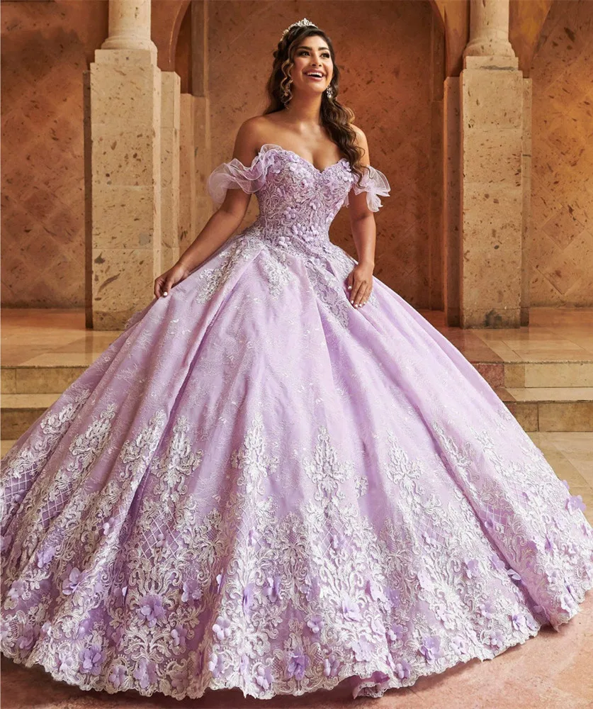 

Lavender 2021 Quinceanera Dresses Off The Shoulder Lace Appliqued Flower Sweet 16 Dress Pageant Gowns vestidos de 15 años