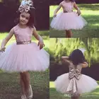 Розовый по колено для девочек, Пышное Платье с низким вырезом на спине и золотой Sequied, с бантом, с кружевной аппликацией, без рукавов для девочек в цветочек, платья для свадьбы, платья из фатина для девочек