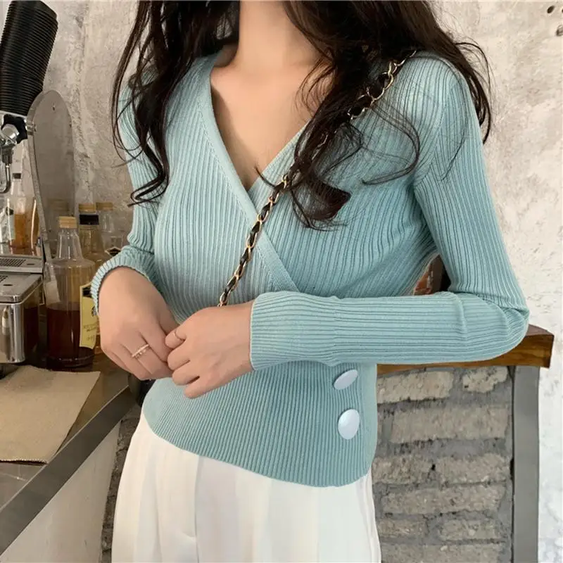 

New Sexy Deep V Neck Sweater Women's Pullover Casual Slim Bottoming Sweaters Female Elastic Cotton Long Sleeve Tops
