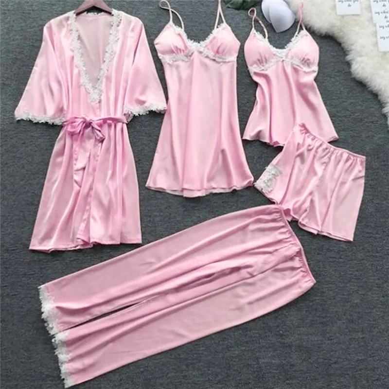 

2020 Women Satin Sleepwear 5 Pieces Pyjamas Sexy Lace Pajamas Sleep Lounge Pijama Silk Night Home Clothing Pajama Suit