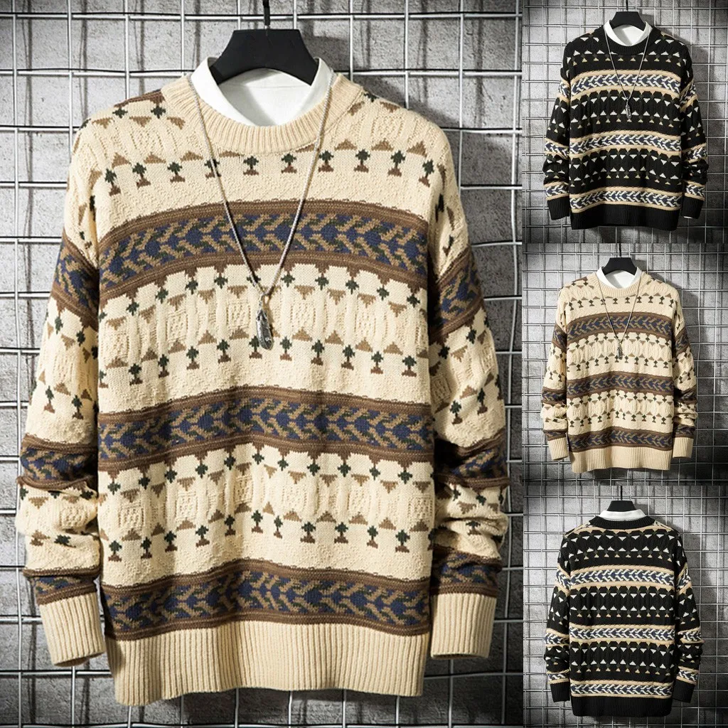 Мужской Повседневный свитер с принтом в этническом стиле пуловер круглым