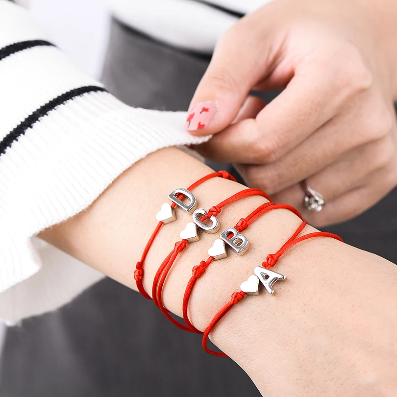 1pc Silver Color Tiny Heart Initials Name Charm Letter Bracelet For Women Men Lucky String Rope Red Bracelets Couple Gifts |