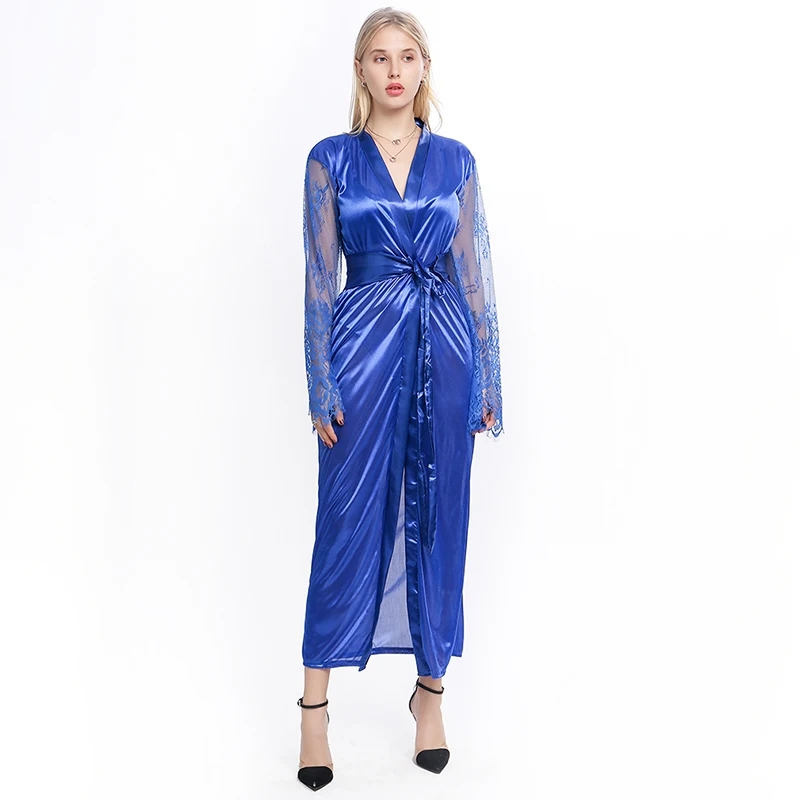 

Sexy Sleepwear Lace Patchwork Long Bathrobes Nightgown Soft Silk Dressing Gown Bathrobe For Women Dress Long Skirt Underwear