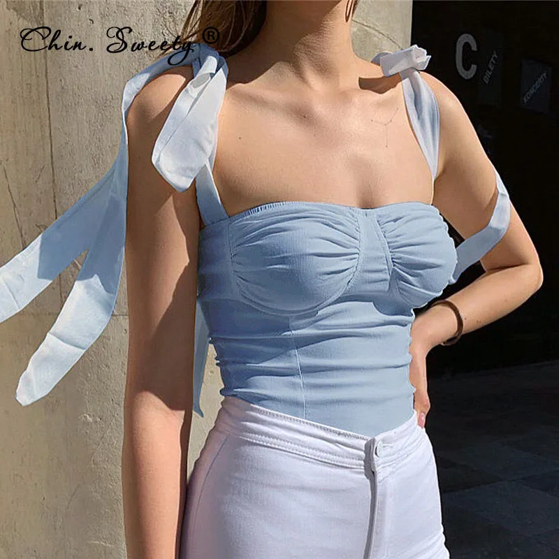 

Slash Neck Solid Skinny T-shirt For Women 2021 Summer Sleeveless Lace Up Bow Ruched Shirt Female Sweet Sexy Club Party Tops