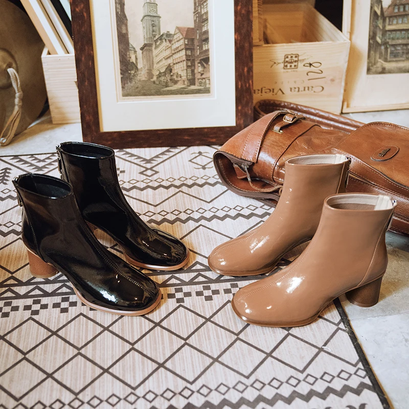 Ботильоны женские из лакированной кожи Удобные однотонные ботинки с круглым