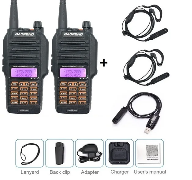 2 шт. BAOFENG UV-9R PLUS 10 Вт Высокая мощность портативная рация Водонепроницаемый VHF UHF Ham CB радио приемопередатчик сканер двухстороннее радио Охотник - Цвет: add earpiece cable