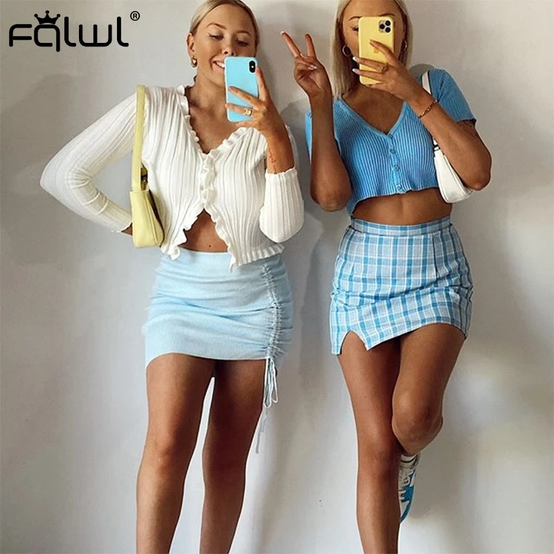 

FQLWL Ribbed Knitted White Bandage Skirts Womens 2020 Lace Up Pleated High Waist Skirt Female Sexy Club Party Mini Short Skirt