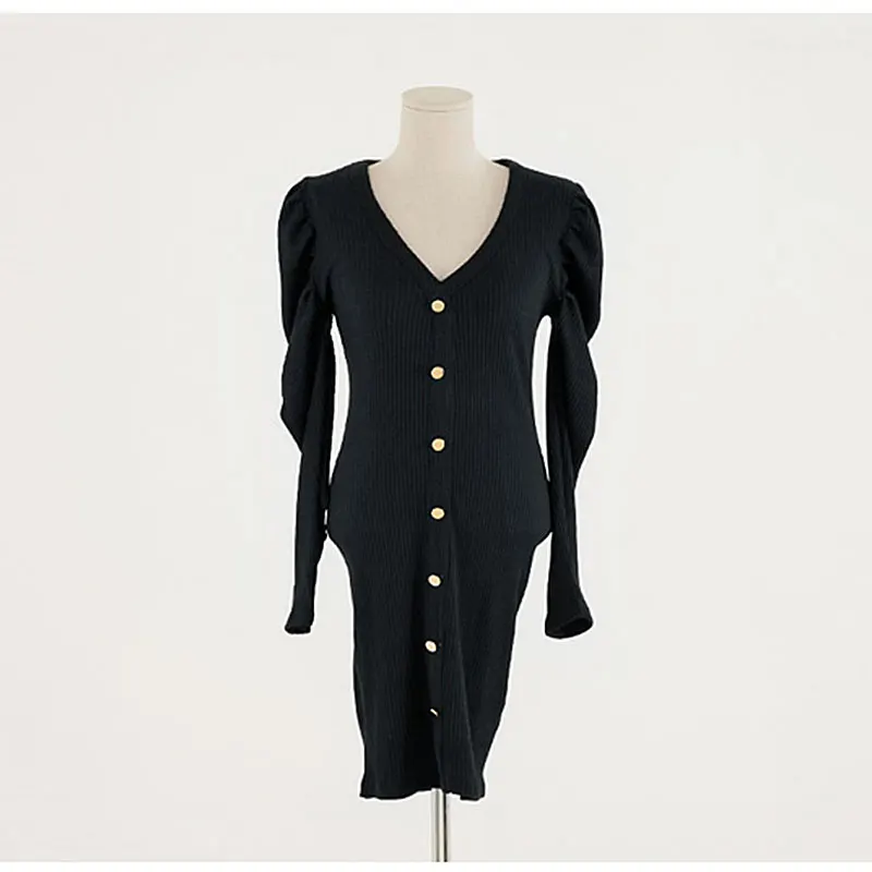 

Autumn Spring Knitted Dress Korean Sexy Mini Women's Bandage Dress Vintage Puff Sleeve V-neck Ribbed Knit Dress