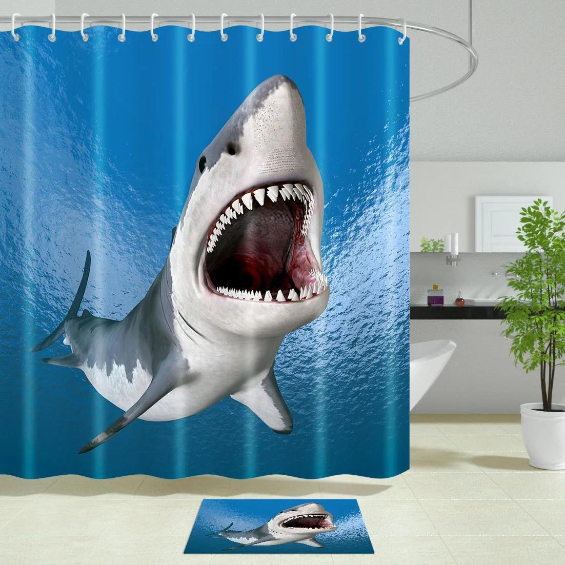 

Shark in the Sea Washable Shower Curtains Home Decor Polyester Fabric Waterproof Mildew Proof Bath Screens with Hooks