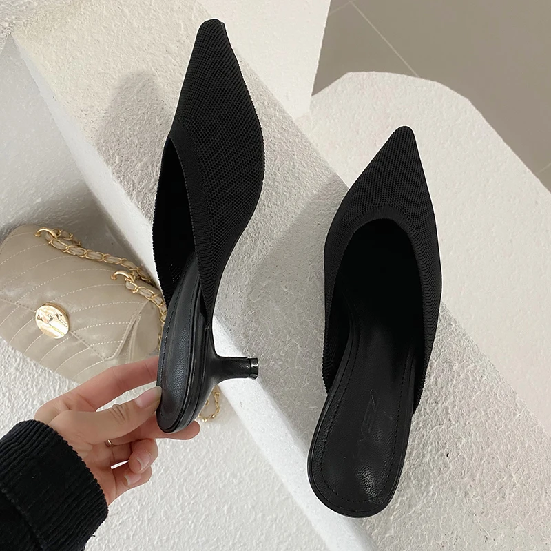 Мюли женские с острым носком эластичные вязаные шлепанцы без застежки на тонком