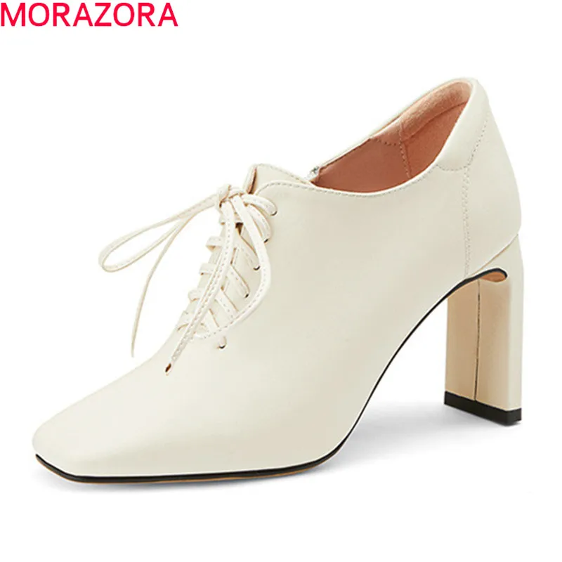 

MORAZORA 2020 newest fashion women pumps genuine leather solid color dress shoes thick high heels square toe ladies shoes