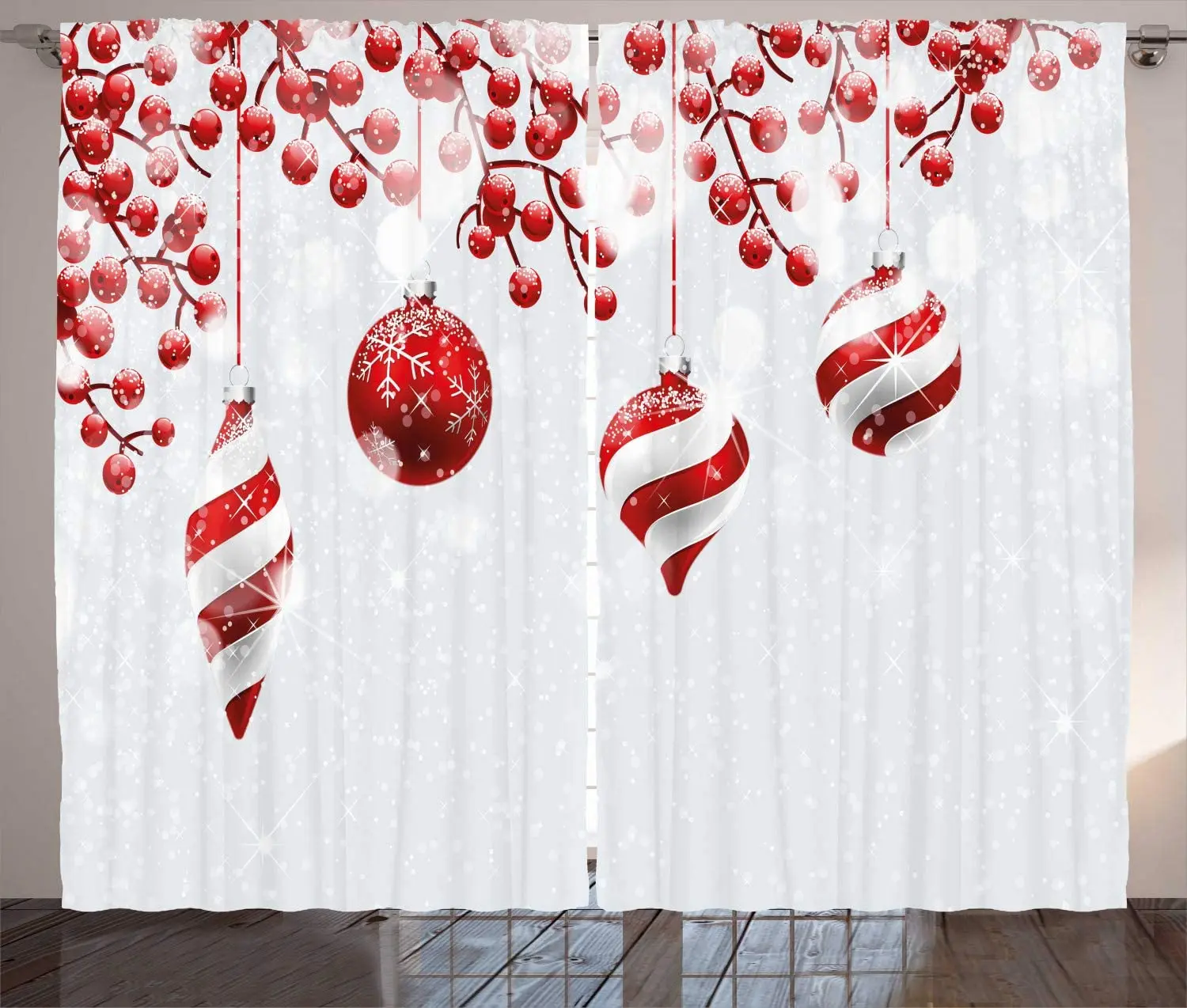 

Christmas Curtains Traditional Design Holly Berry Branches Snow and Bokeh Effect Print Living Room Bedroom Window Drapes