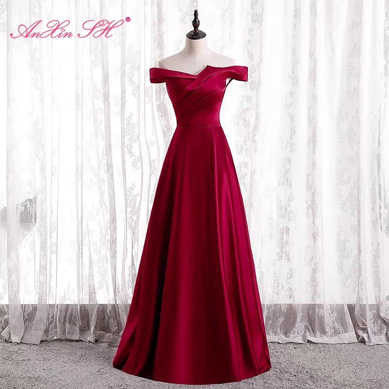 

AnXin SH princess wine red satin evening dress french retro vintage party boat neck sleeveless bride a line evening dress