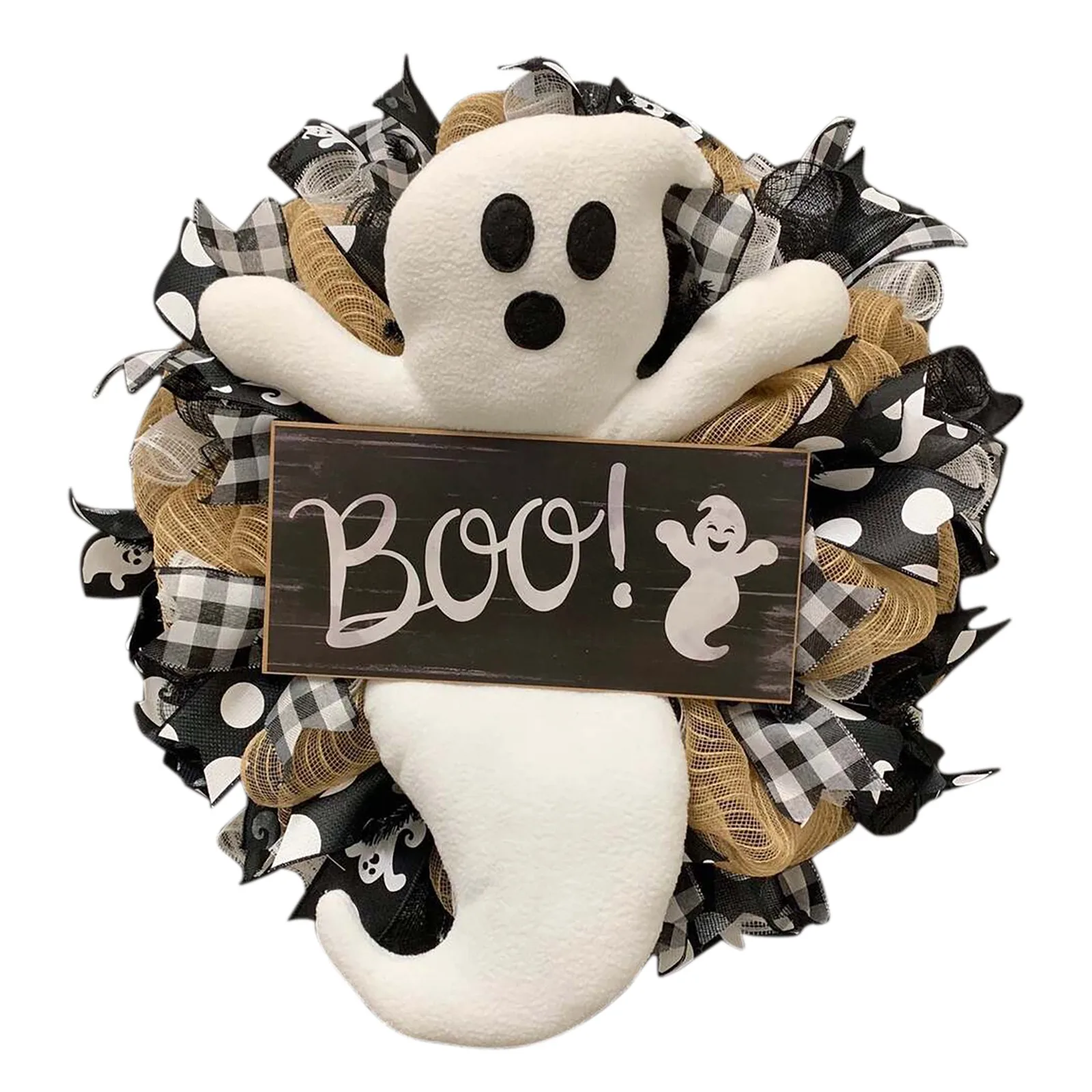 

Halloween Wreath Farmhouse-Ghost BOO Wreath Outdoor Front Door Indoor Wall Decor Ghost Smiley Balloon Party Halloween Decoration