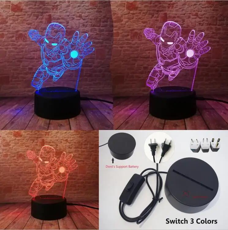 Switch Plug 3 Color Новинка, фигурка супергероя из фильма, маска Железного человека, 7 двойных смешанных цветов, светодиодный 3D ночник для детей, прикроватные игрушки, подарки - Испускаемый цвет: Switch Plug 3 Color