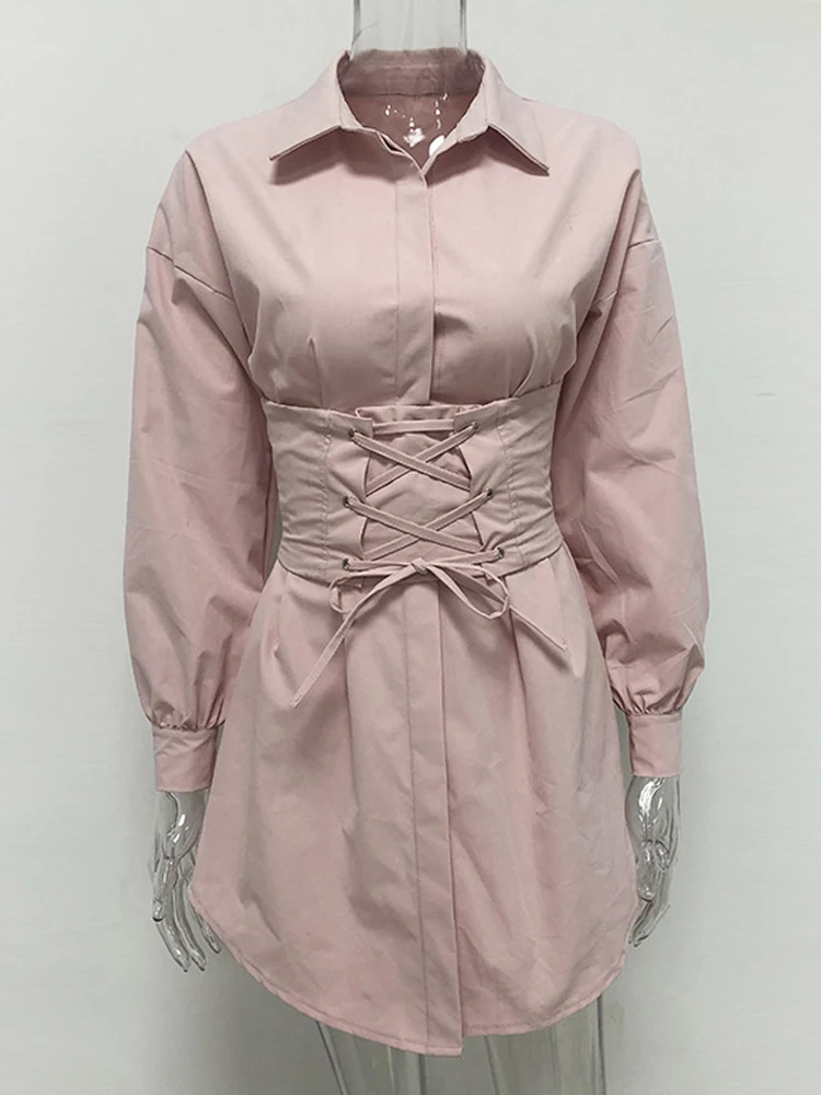 JillPeri Autumn Long Sleeve Shirt Dress with Corset Belt Solid Sexy Elegant Outfit Office Lady Street Wear Party Dress Set