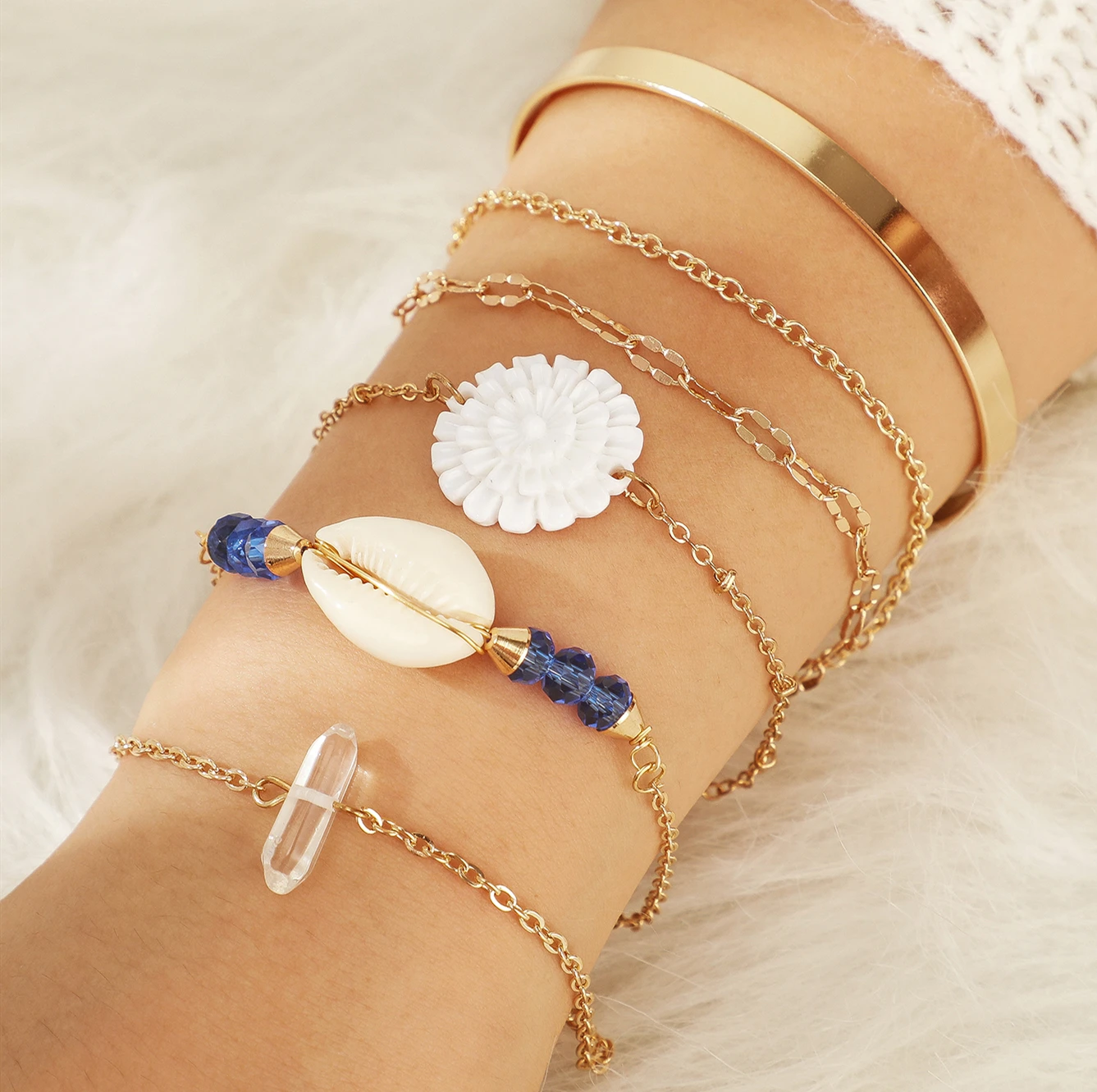 Женский многослойный браслет HuaTang белый с кристаллами в виде ракушек пляжные