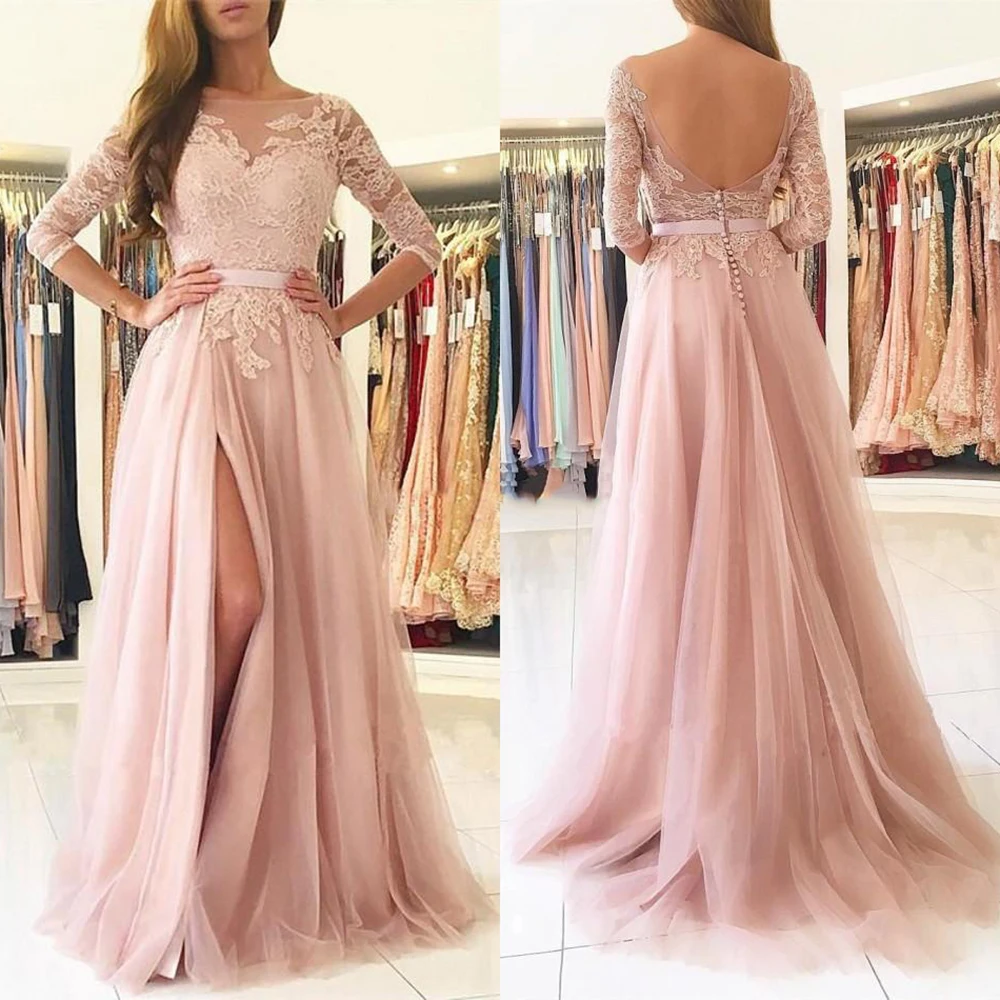 

Blush Pink Split Long Bridesmaids Dresses 2020 Sheer Neck 3/4 Sleeves Appliques Lace Maid of Honor Country Wedding Guest Gown