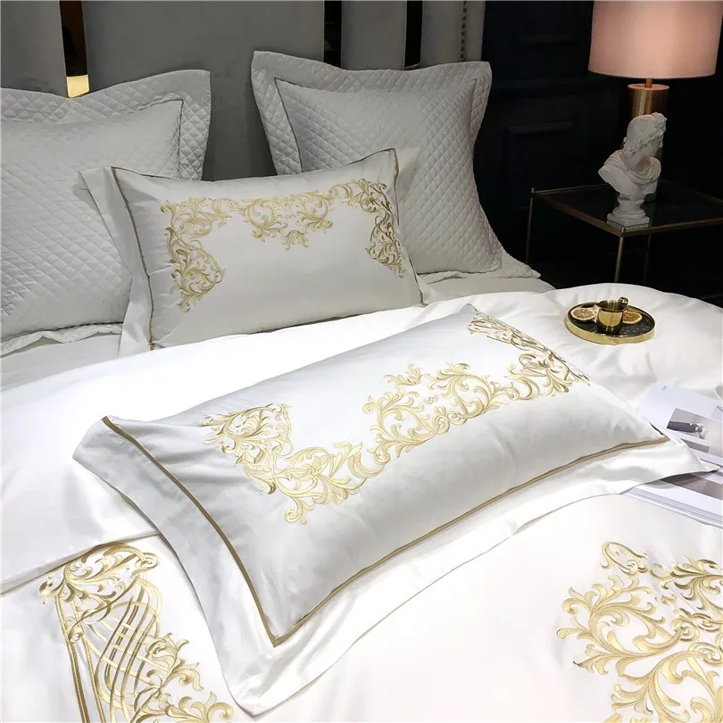 Preço 4cs Premium Branco Capa De Edredão Conjunto Com Zíper Laços 1000tc Algodão Egípcio Bordado 1 Duvet Cover 2 Fronha 1 Folha Cama Plana