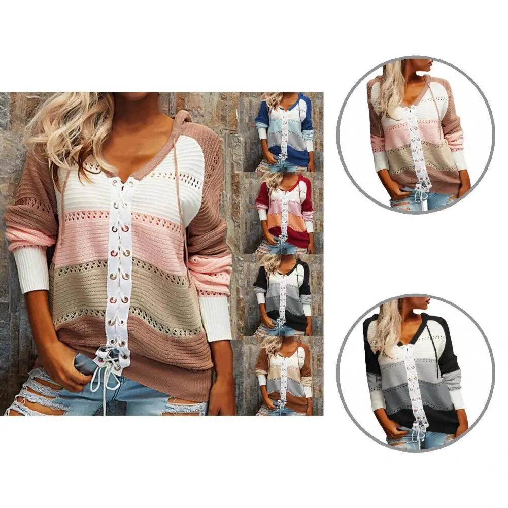 

Casual Trendy Hooded Bandage Women Cardigan Sweater Long Sleeve Sweater Coat Drawstring Outerwear