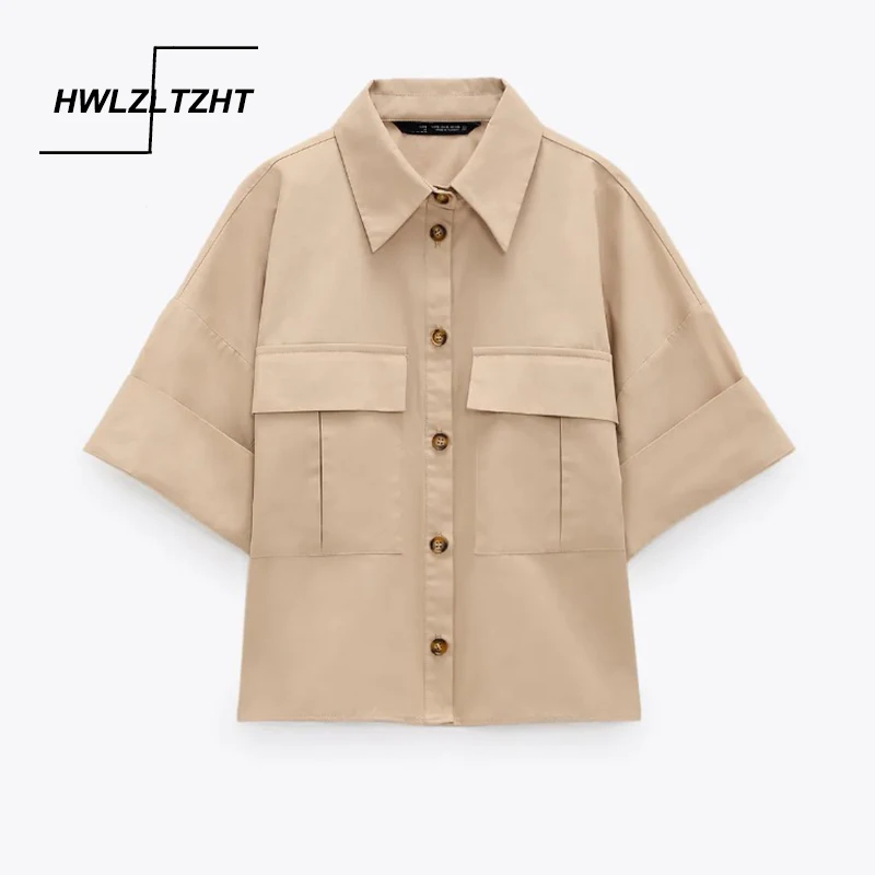 

HWLZLTZHT Женская Поплиновая Весенняя рубашка цвета хаки с коротким рукавом накладными карманами офисные женские рубашки шикарная на пуговица...