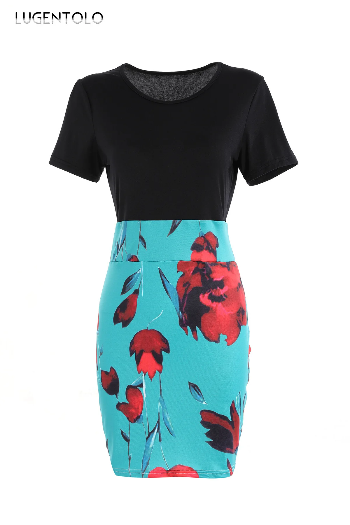 

Lugentolo Bodycon Dress Sexy Women Slim Spring Summer Solid Color Dresses Block Flower Print Plus Size Ladies Short Dress