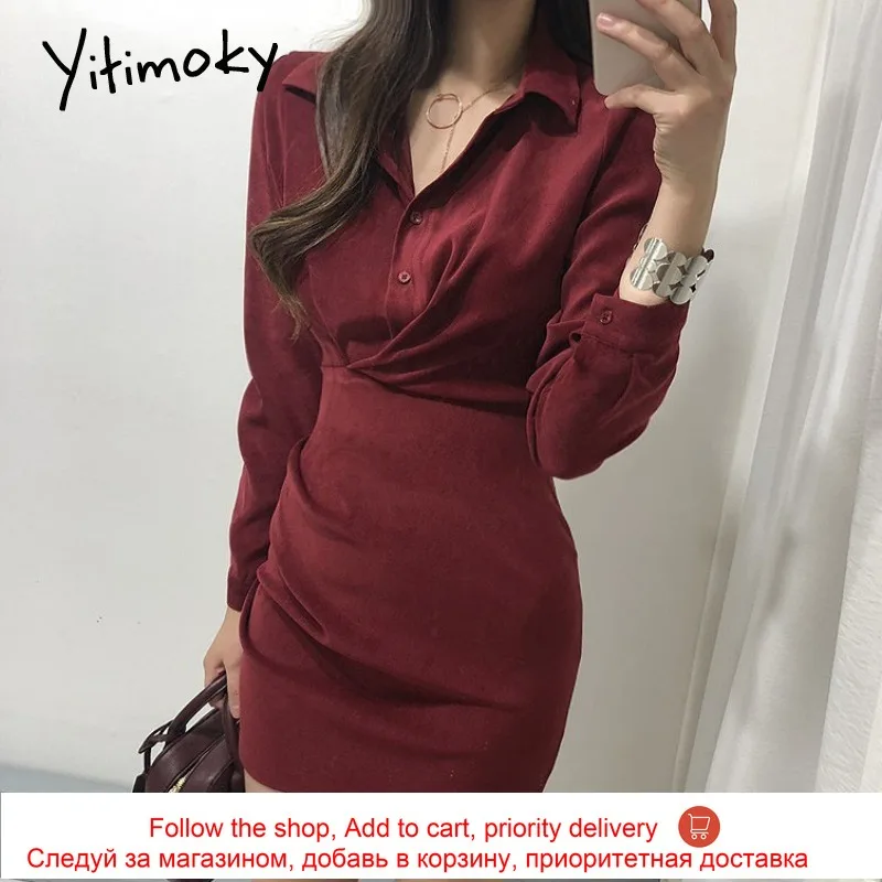 

Yitimoky Vintage Sheath Formal Dresses Women Button Up Long Sleeve Turn-down Collar Mini Dress New Spring Casual Fashion