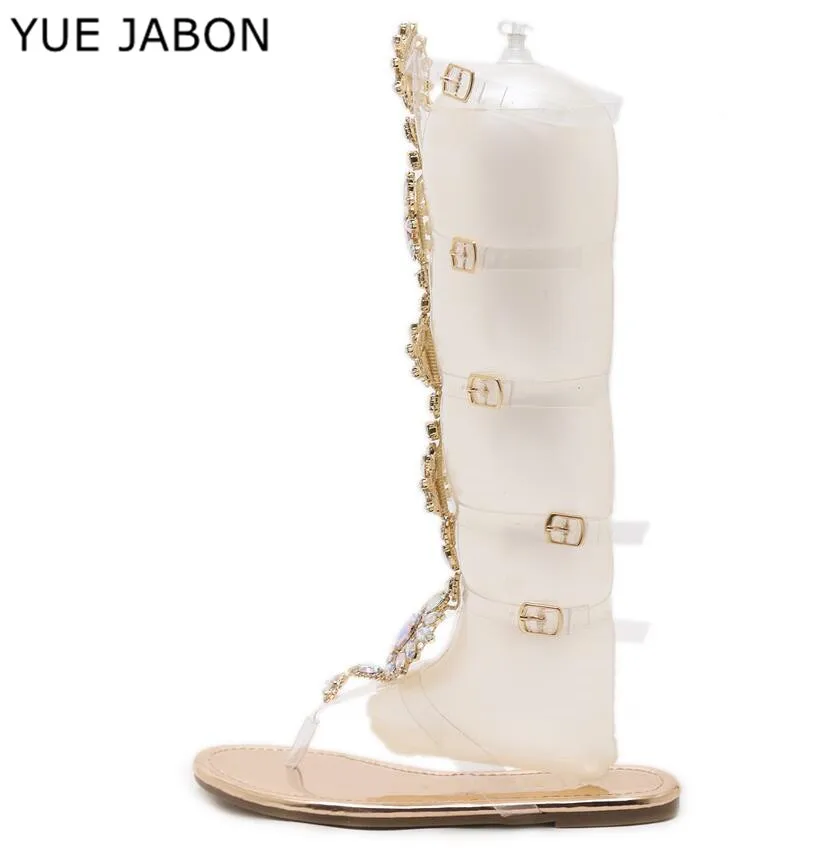 Женские ботинки-гладиаторы золотые сапоги до колена на плоской подошве с