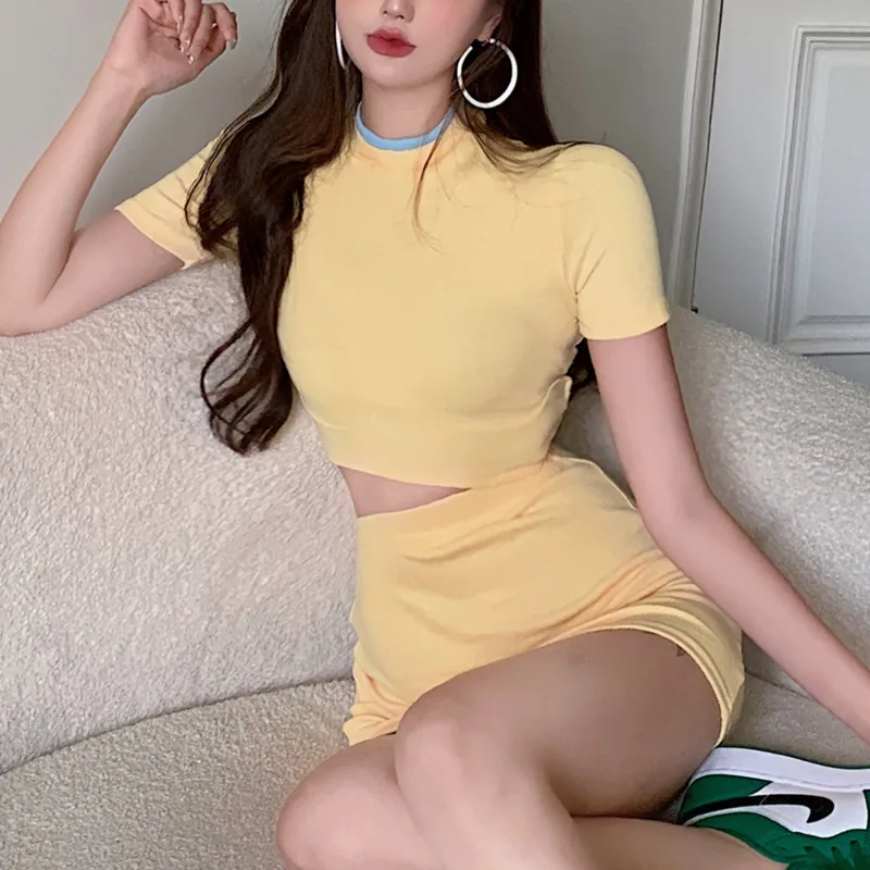 

Sportswear Summer Ladies Top Short Sleeve High Waist Open Navel T-shirt + Casual Mini Bodycon Skirts 2 Piece Set Women's Outfits