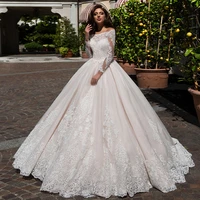 luxury wedding dresses long sleeve boat neck lace applique sweetheart prom gowns back button design robe de mari%c3%a9e court train