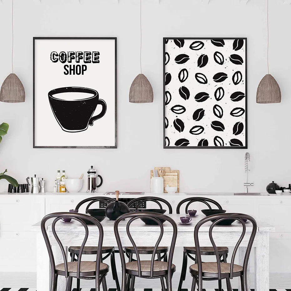 

Modern Black and White Coffee Cup Coffee Beans Canvas Painting Wall Art Prints Poster Picture Coffee Shop Home Interior Decor