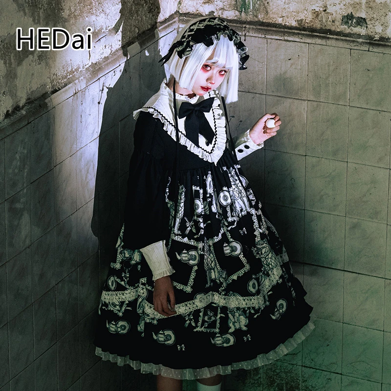 

HEDai JSK Lolita Wolf Detective OP Gothic Dark Dress Fall Winter Daily Dress