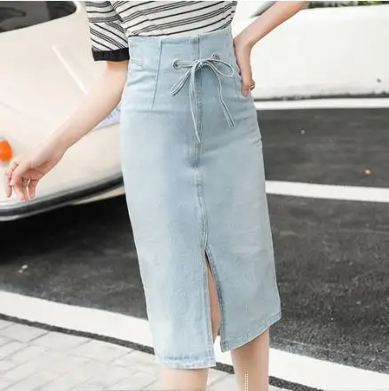 Женская джинсовая юбка летняя с высокой талией миди на завязках Повседневная