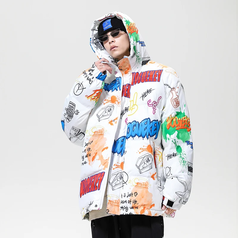 New Lovers Graffiti Letters Print Jacket Parka 2021 Winter Men Thick Outerwear Hooded Windproof Padded Quilted Coat Warm Outwear