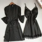 Женский Пижамный костюм из 2 предметов, сексуальный халат-кимоно, ночная рубашка, кружевная атласная одежда для сна, женская черная Пижама, домашний костюм