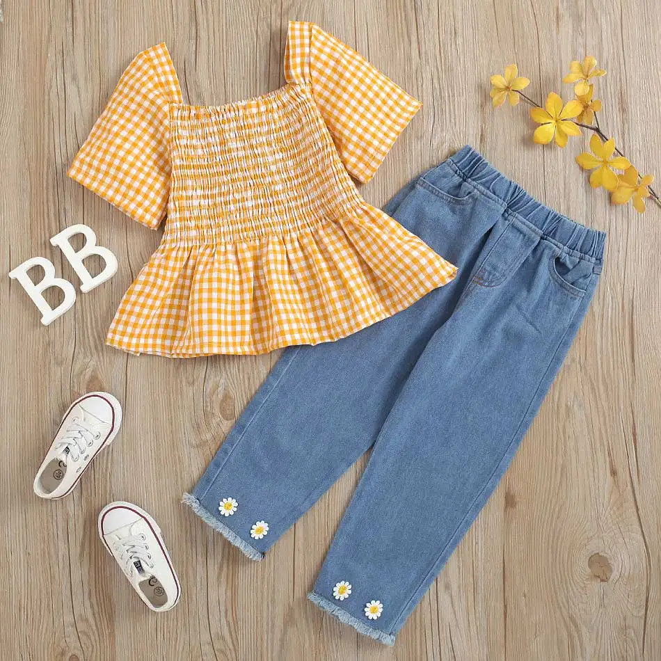 

1-7 Years Girl Clothing Set Children Plaid Short-sleeved Top Denim Pants Suit 2-piece Set Toddler Girl Fall Clothes 2020
