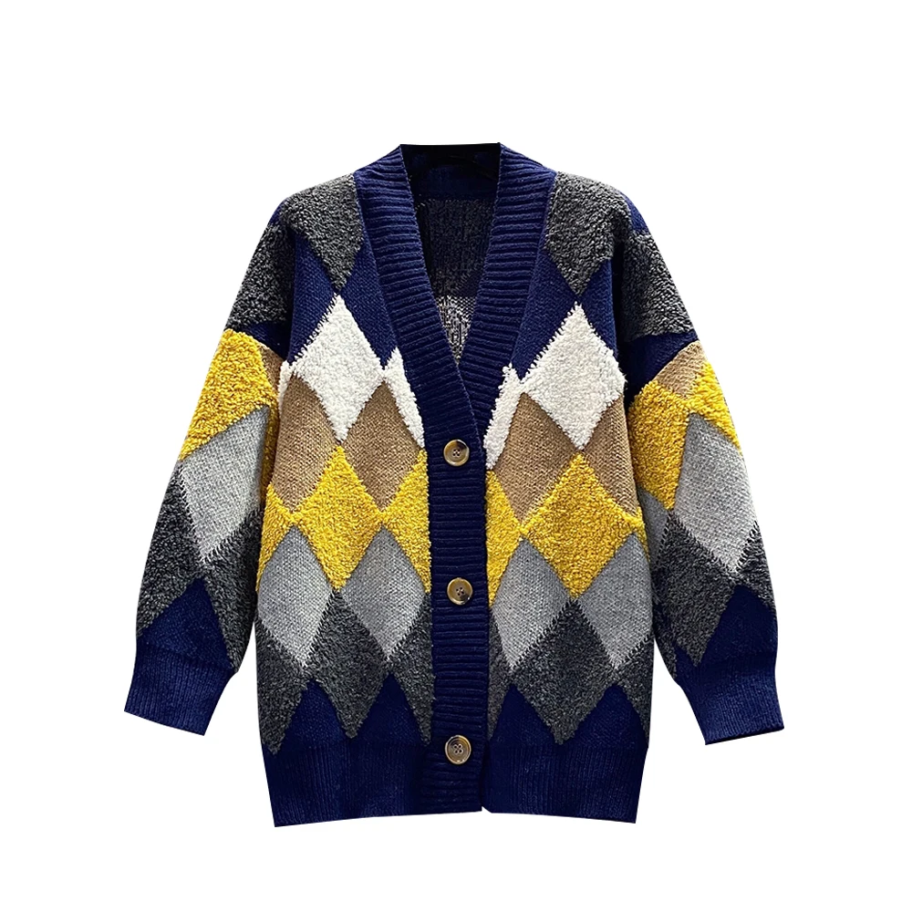 

Осенний свитер 2021, женская одежда в Корейском стиле, СВОБОДНЫЙ Модный милый вязаный кардиган с узором ромбиками, повседневное пальто большо...