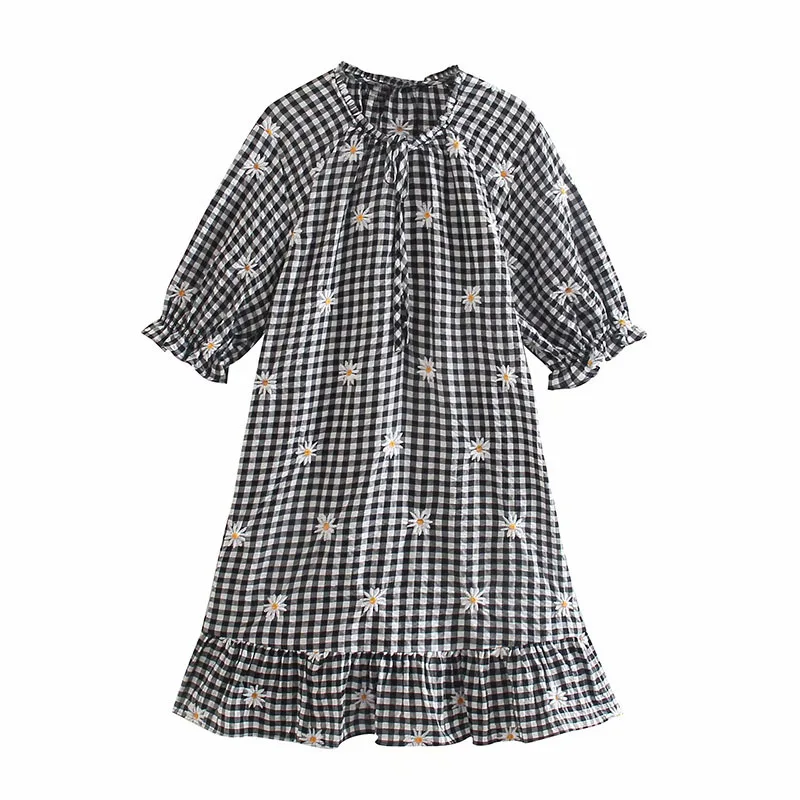 

DOUJILI Summer Plaid Lattice Loose Dress Half Sleeve Ruffles Round Collar Little Daisy Elegant Women Dress