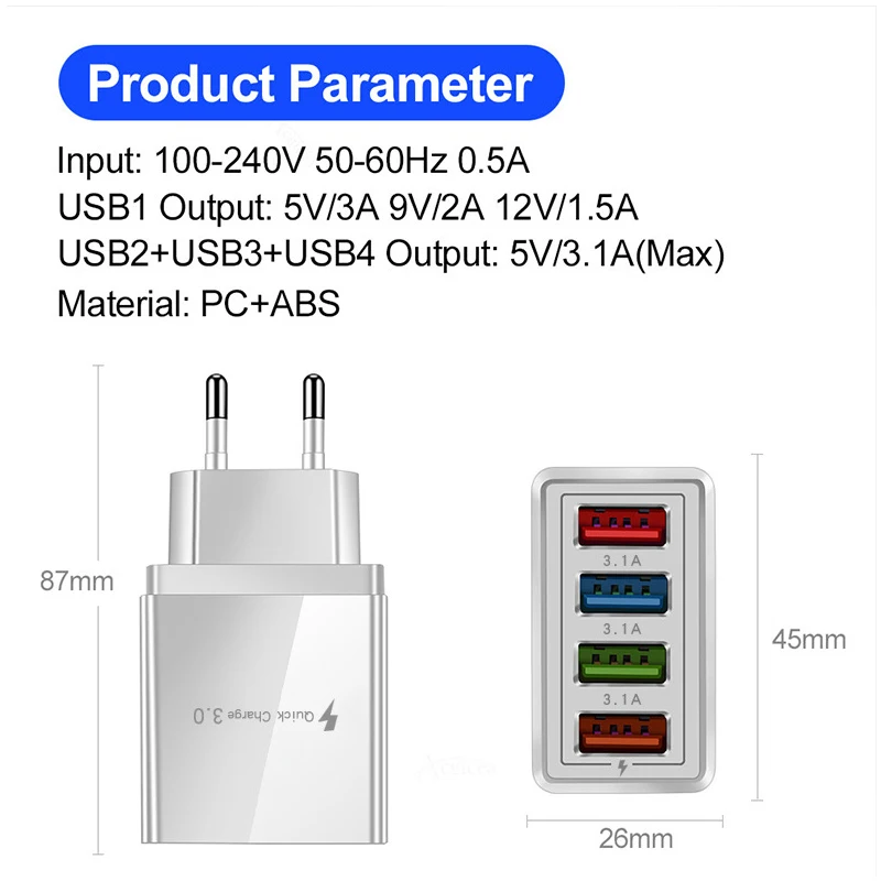usb charger Wall Fast Phone Charger Adapter 4USB Quick Charge3.0 For iPhone13 Xiaomi 12 Phone Power Supply Mobile Phone Chargers
