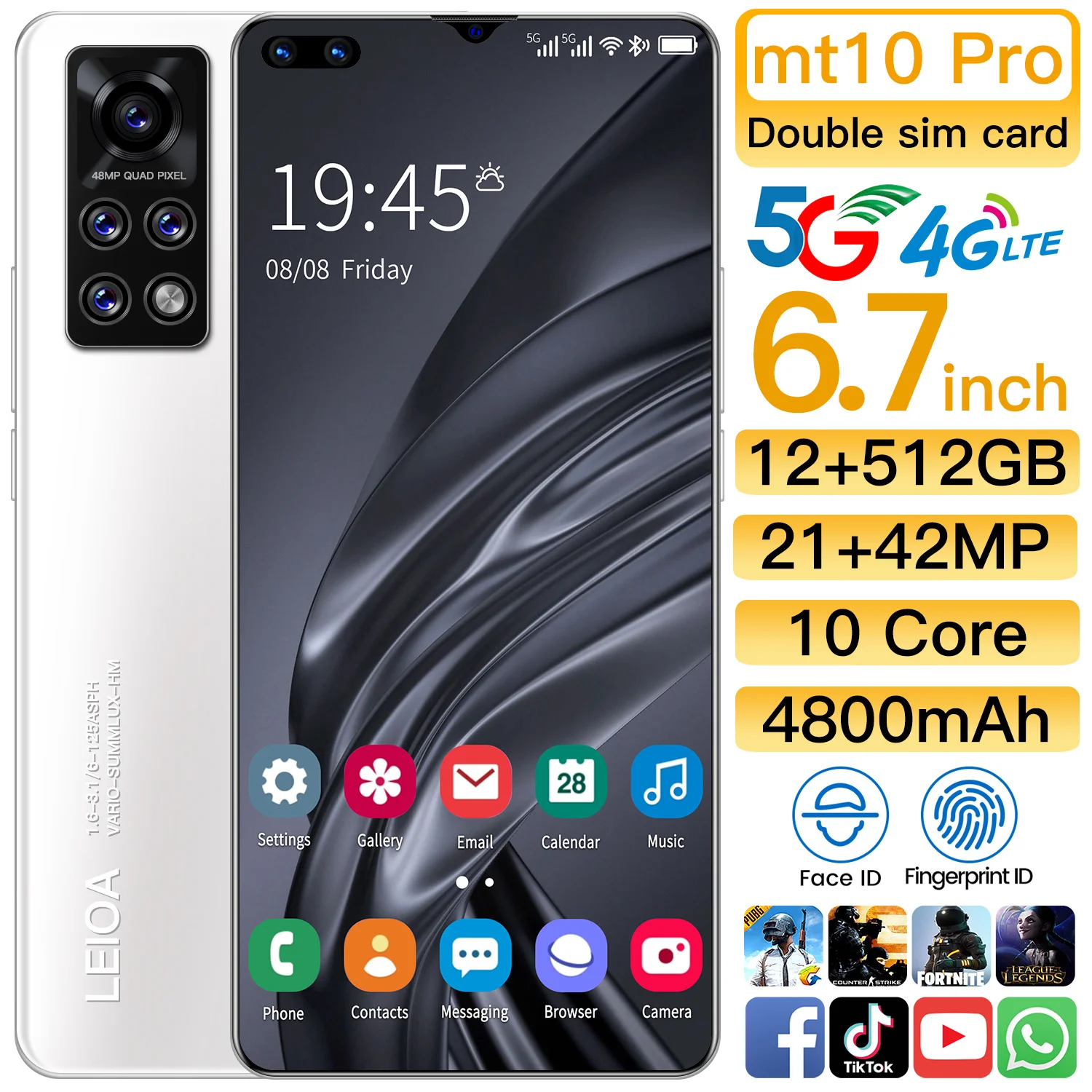 

2021 Galxy MT10 Pro 5G LTE Smartphone 4G Double SIM 6.7 Inch Mobilephone 10 Core 21+42MP Cellphone 4800mAh Face Fingerprint ID