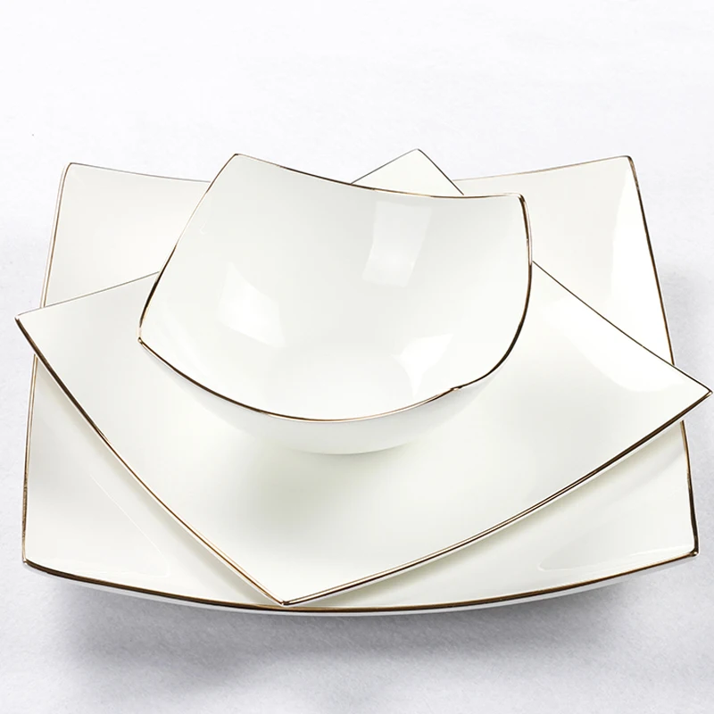 

European Bone China Square Dining Plate Steak Dishes Salad Soup Bowls High Quality White Porcelain Dinnerware Set