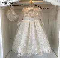 white ivory lace girls dresses jewel neck long sleeve a line beaded christening dresses toddler baby birthday party gown