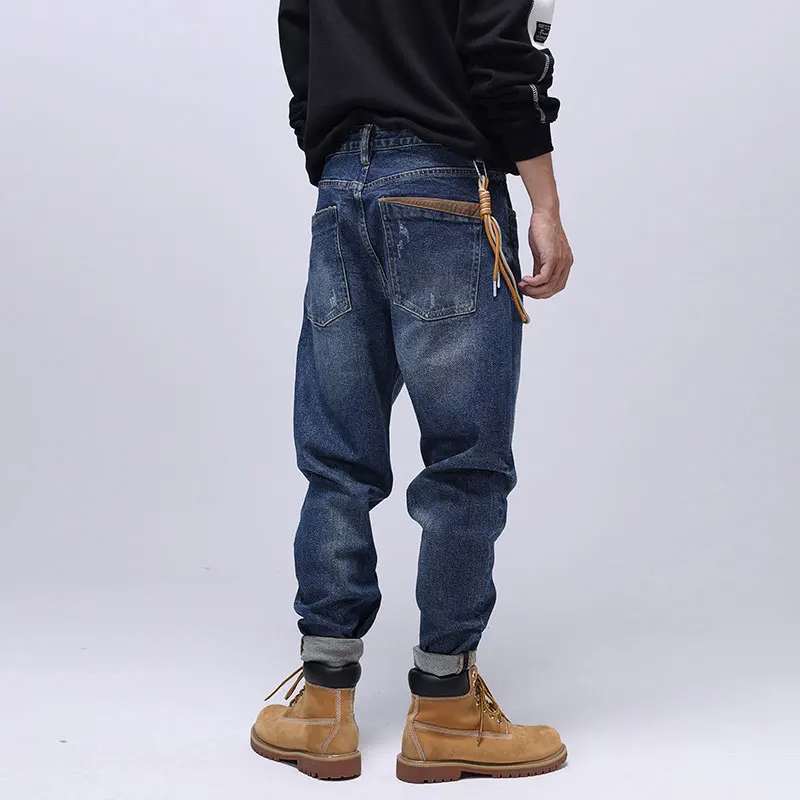 Japanese Vintage Fashion Men Jeans Loose Fit Retro Blue Wide Leg Ripped Jeans Men American Street Casual Hip Hop Denim Pants